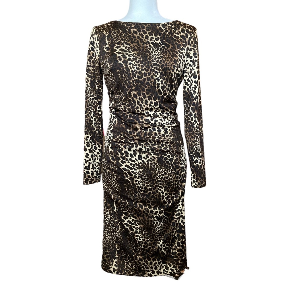 Carmen Marc Valvo leopard print long sleeve jersey knit bodycon midi dress, Sz M